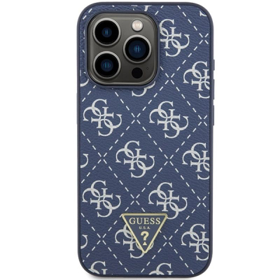 Guaskë telefoni Guess 4G Triangle Metal Logo për iPhone 15 Pro 6.1", lëkurë eko, blu