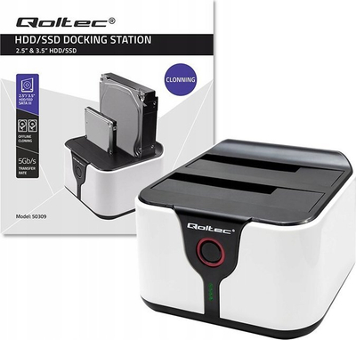 Dok stacion Qoltec për HDD SSD, 2.5" 3.5", SATA III USB 3.0, me funksion klonimi offline, i zi