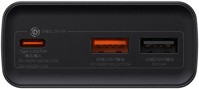 Power Bank Baseus со дигитален дисплеј Adaman, 20000mAh, QC, 30W, црна боја