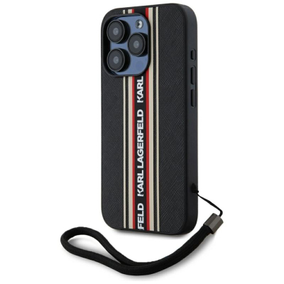 Капак за телефон Karl Lagerfeld Saffiano Athleisure Stripes Cord, за iPhone 15 Pro, со лента, црн