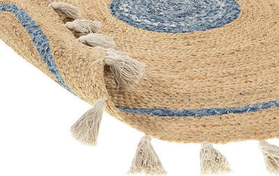 Tapet rrumbullak prej jute Boho, 140 cm, i end me dorë, bezhë me blu