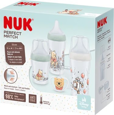 Set ushqyerjeje për bebe NUK Perfect Match Starter Set Winnie the Pooh, me shishe dhe biberonë, për foshnje nga lindja, shumëngjyrësh