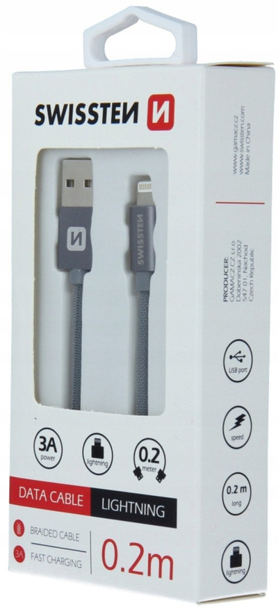 Kabllo Swissten Textile Lightning, 0.2m, USB A, gri
