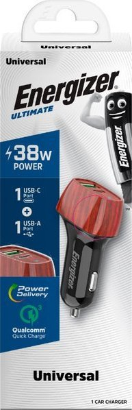 Ngarkues veture Energizer Ultimate Charger, 38W, USB C PD dhe USB A QC3.0, ngjyrë walnut