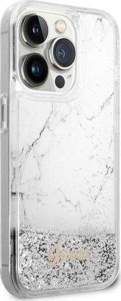 Mbulesë telefoni Guess GUHCP14LLCSGSGH për iPhone 14 Pro, Liquid Glitter Marble, e bardhë