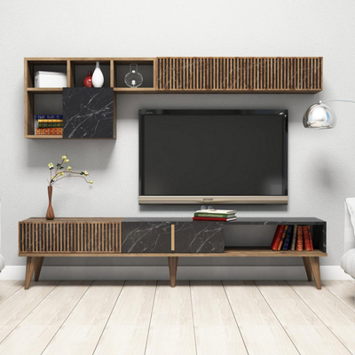 Kombinim TV Hommy Craft Milan, melaminë, me rafte muri, walnut e zezë