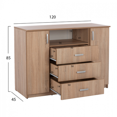 Buffet ADLER HM2430, 120x45x85 cm, 3 sirtarë 2 dollapë, sonoma