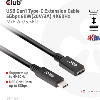 Kabllo USB Club 3D USB-C në USB-C, 1 m, 5 Gbps, e zezë