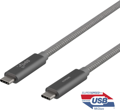 Kabllo USB C Deltaco SuperSpeed, 1m, USB 3.1 Gen 2 10 Gbps, 100W, gri