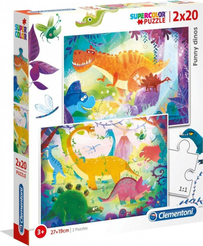 Puzzle Clementoni Funny Dinosaurs, 2 x 20 elemente, 27 x 19 cm, shumëngjyrëshe