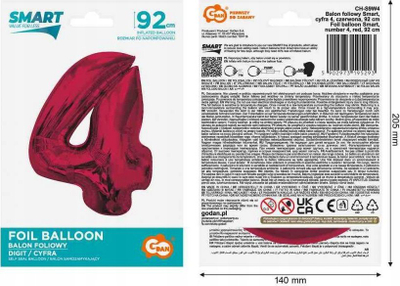 Balonë numër 4 e kuqe, folie, 92 cm