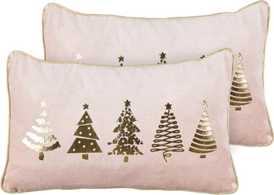 Set jastëkësh dekorativë velvet, 30 x 50 cm, me pemë Krishtlindjesh, rozë