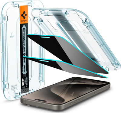 Mbrojtës ekrani Spigen Glass tR EZ Fit Privacy, 2 copë, për iPhone 15 Pro Max, transparent
