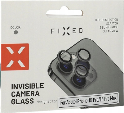 Xham mbrojtës kamere FIXED për iPhone 15 Pro / 15 Pro Max, xham i temperuar 9H, komplet unazash, gri space