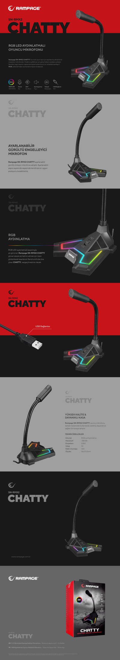 Mikrofon gaming Rampage SN-RMX2 Chatty, USB, RGB LED, i zi