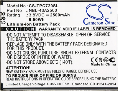 Bateri për telefon Cameron Sino CEL-CS-TPC720SL-1, 2500mAh, Li Ion, e zezë