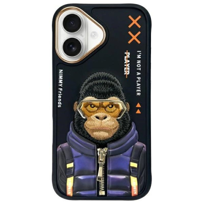 Kapak telefoni Nimmy Cool&amp;Cute 2.0 Monkey për iPhone 16 6.1", hardcase TPU PC, i zi