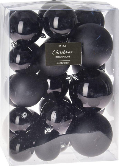 Сет топчиња за новогодишна елка Christmas Baubles, 26 парчиња, неизкршлива пластика 6-10 cm, црни