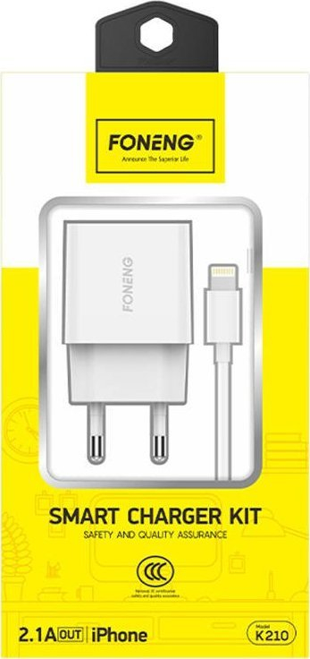 Karikues telefoni Foneng K210, 1x USB 2.1A, kabllo USB në Lightning, i bardhë