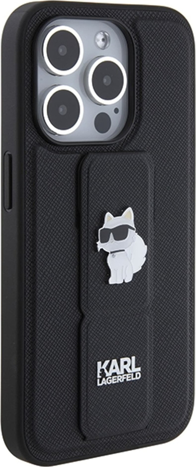 Mbulesë telefoni Karl Lagerfeld Gripstand Saffiano Choupette Pins, për iPhone 14 Pro, e zezë