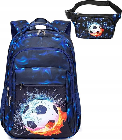 Set çantë shpine dhe çantë beli për kalamaj, me motiv futbolli, 0.5 kg, blu e errët