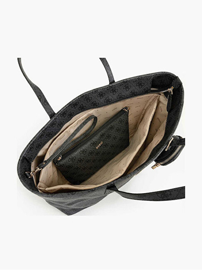 Çantë dore Guess Power Play II Handbag, me monogram, me xhep me zinxhir, bezhë