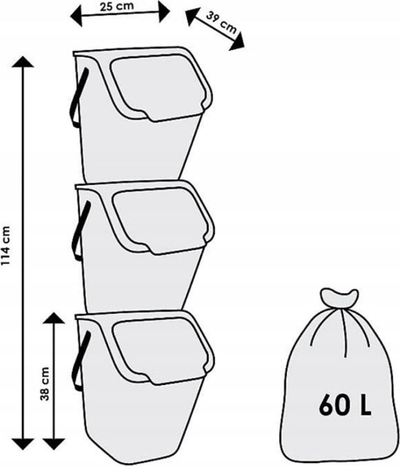 Set kosha plehrash Bin Container, 3x25L, për ndarje riciklimi, shumëngjyrëshe