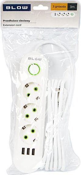 Zgjatës elektrik Blow PS-330, 3x prizë, 3x USB, 3m, i bardhë