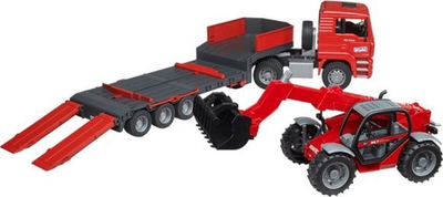 Сет играчки Bruder MAN TGA Low Loader Truck со натоварувач Manitou, модел 02774, пластика, повеќебоен