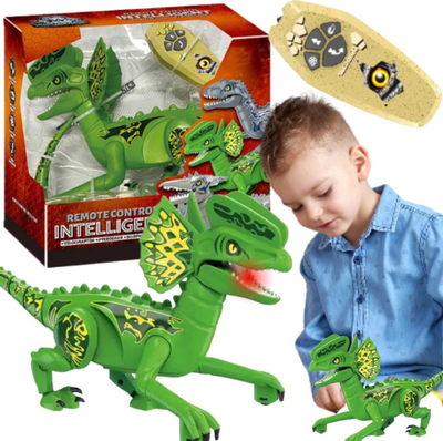 Lodër dinosauri me telekomandë Dilophosaurus, lëvizje si e vërtetë, dritë edhe zëra, jeshile