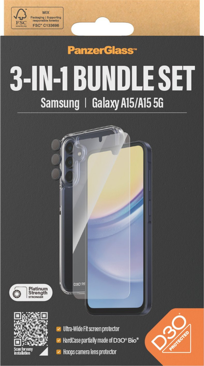 Set mbrojtës PanzerGlass 3 në 1, Ultra Wide Fit D3O, për Samsung Galaxy A15 A15 5G, transparent