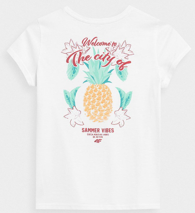 Bluzë gocash 4F 4FJSS23TTSHF399, pambuk, me print tropikal me ananas, e bardhë