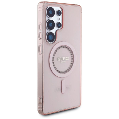 Kllëf telefoni Guess Rhinestones Classic Logo MagSafe për Samsung S25 Ultra, i tejdukshëm, rozë