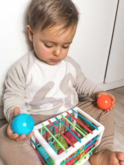 Lotër edukative Woopie Flexible Sensory Cube Sorter, 13 copë, sorter formashe, shumëngjyrëshe