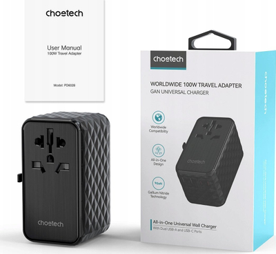 Karikues udhëtimi Choetech PD100W, 2x USB C, 2x USB A, i zi