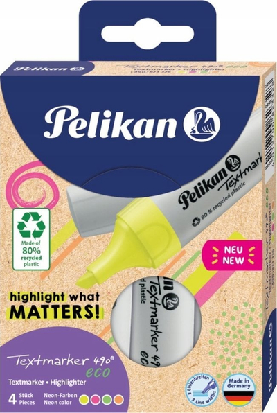 Marker nënvizues Pelikan Highlighter 490 Eco, set me 4 copë, ngjyra neon