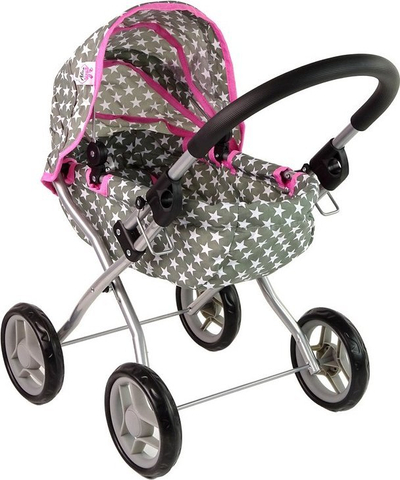 Karrocë lodër për kukulla Gray Doll Stroller, skelet metalik, me kapak, gri me yje