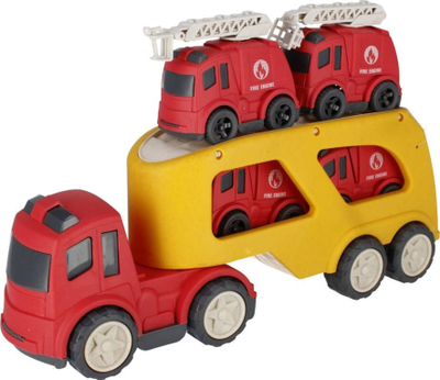 Lodër kamion transportues Mega Creative 524554, me dy kate, me 4 makina zjarrfikse të vogla, i kuq
