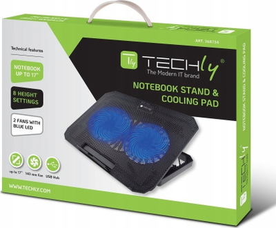 Stand ftohës për laptop Techly, deri 17\", 2 ventilatorë, i zi