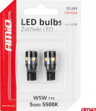 Llampë LED CANBUS Amio 04239 T10 W5W, 5 SMD 3030, 12V 24V, e bardhë