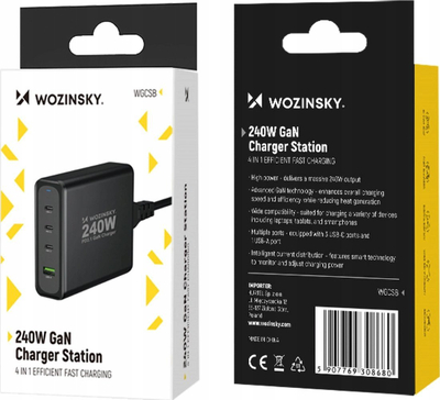 Karikues muri Wozinsky WGCSB, GaN, 240W, 3x USB‑C 1x USB‑A, i zi