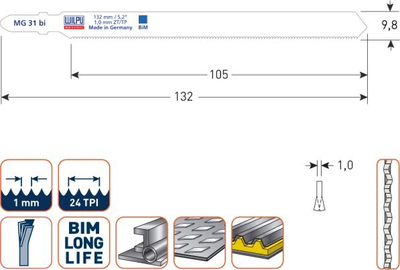 Tehe sharre dekupimi Wilpu MG 31 Bi, 132mm, BiM, set 5 copë