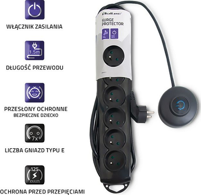 Prizë zgjatese Qoltec 50171 me mbrojtje, 7 dalje, kabllo 1.5 m, e zezë