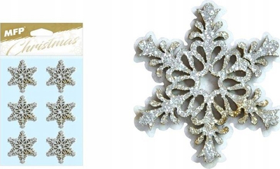 Stiker dekorativ MFP Wooden Snowflakes, set 6 copë, dru, glitter argjendtë