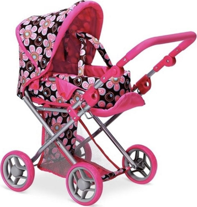 Karruç kukllash Doll Stroller Deluxe Foldable 4 N 1, palos, me çantë, roz e zez