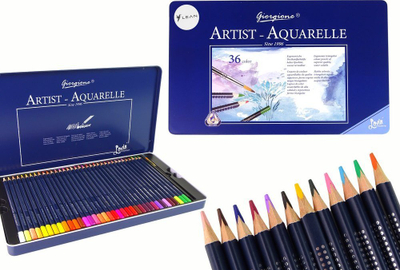 Set lapsa akuarel Leantoys Watercolor Pencils, 36 ngjyra, kuti metalike, blu e errët