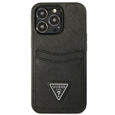 Çfutëse telefoni Guess GUHCP13LPSATPK për iPhone 13 Pro / 13 6.1", Saffiano, me xhep kartash, e zezë