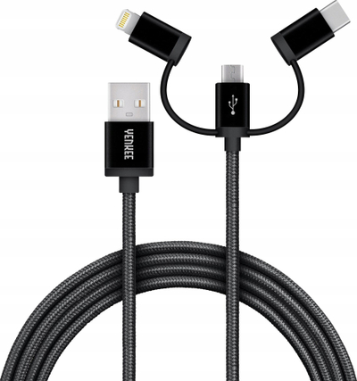 Kabllo USB A në USB C, Micro USB, Lightning 3 në 1, karikim i shpejtë, 3A, najlon, gri