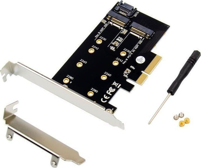 Adaptues PCIe x4 për SSD M.2 NVMe SATA, B dhe M Key, i zi