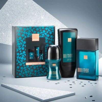 Set për meshkuj Avon Black Suede Secret, deodorant roll-on, 50 ml + xhel trupi, 250 ml + EDT, 100 ml
